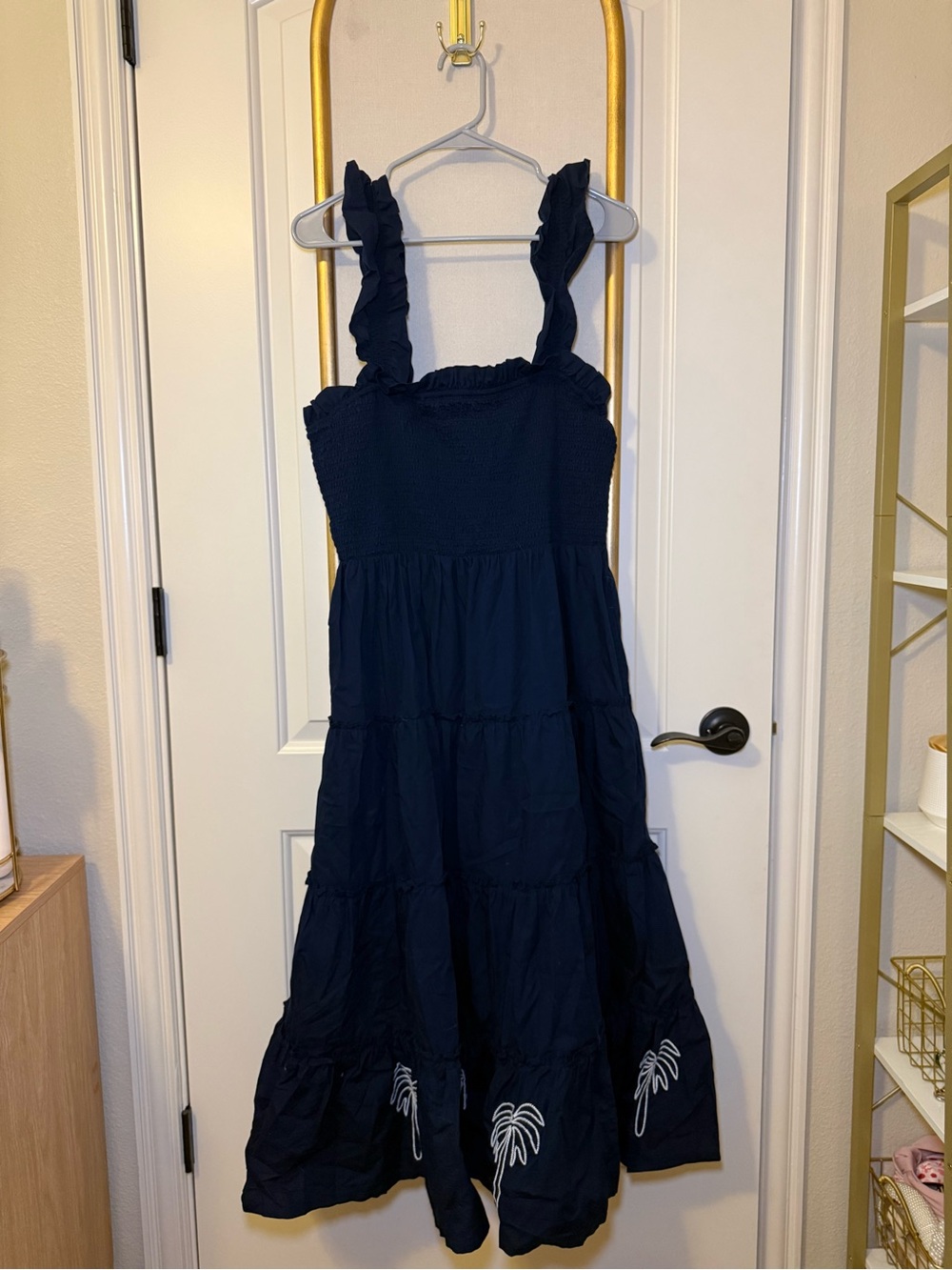 Women's Navy Ruffle Strap Tiered Dress with Palm Embroidery